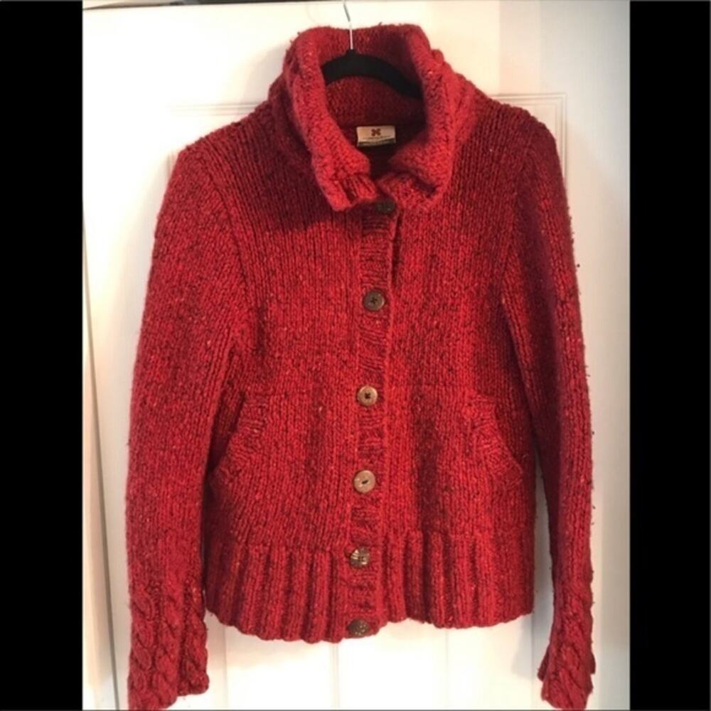 Vintage 80s Carraig Donn Handknit Ireland Pure New Wool Red Cardigan Small